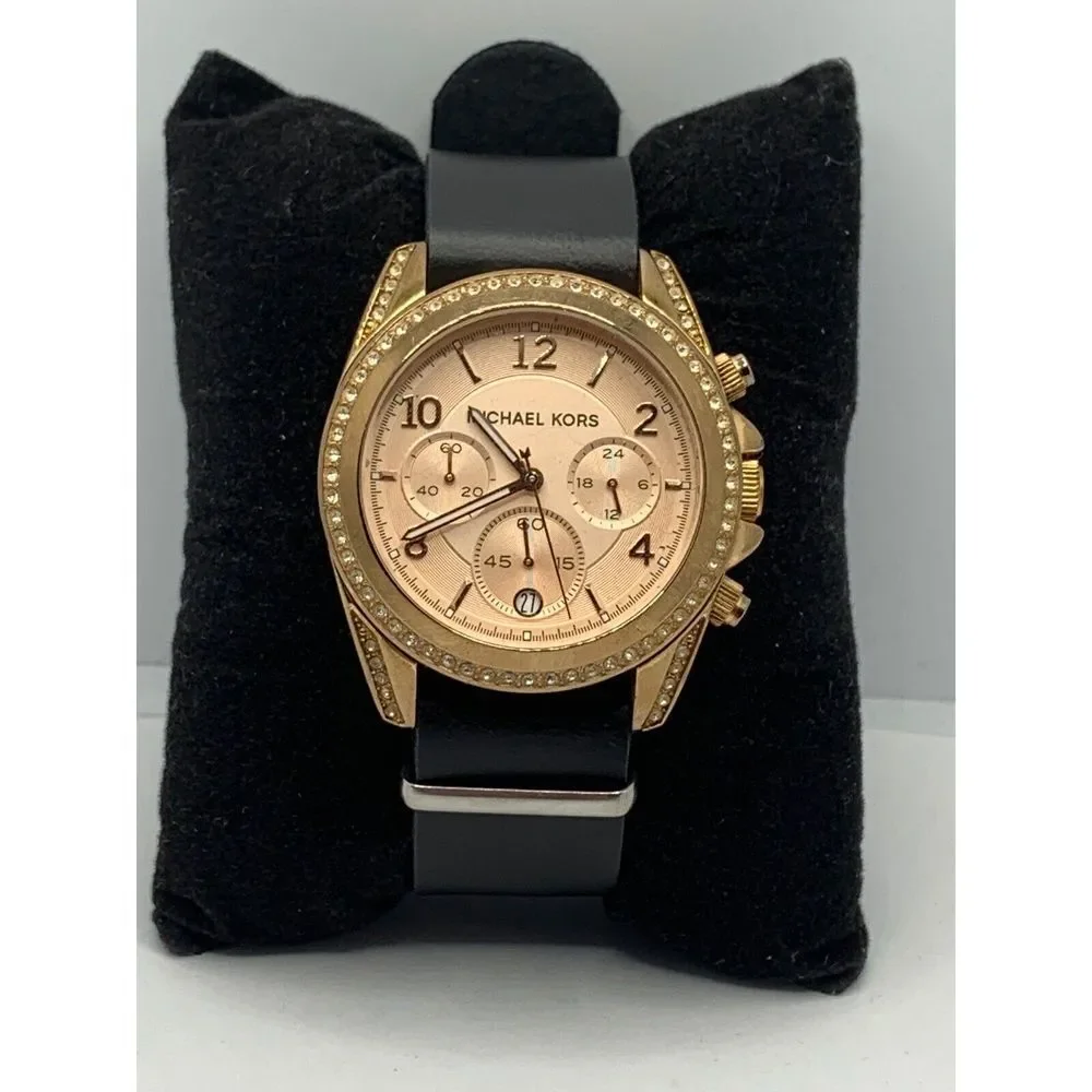 Michael Kors MK5859 Women Black Leather Analog Rose Gold Dial Quartz Watch JD246